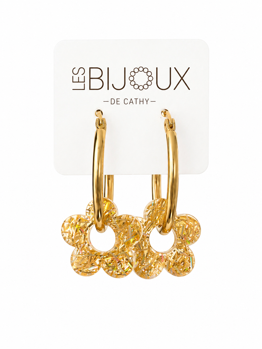 Boucles d’oreilles or avec fleurs 2 cm 2 dans 1