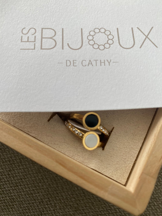 Bague or double cercles noir et blanc