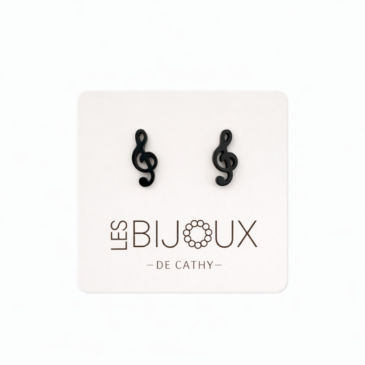 Boucles d’oreilles, noires, clé de sol, 1 cm