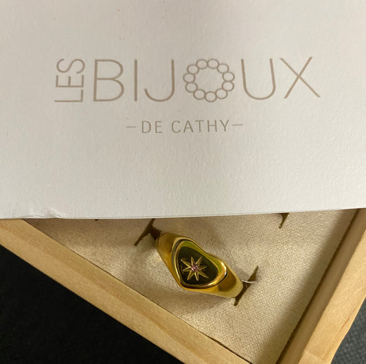 Bague or coeur et étoile rose